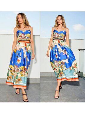 ANTONIO MELANI Evie Ocean Print Maxi A-line SKIRT TOP SET Size 12 Multi NEW NWT